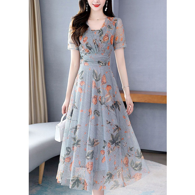 Naiste võrk lilleprinteriga kõrge vöökohaga haldjapeokleidid Suvemoodne V-kaelusega õhuke lühikeste varrukatega rannamidikleit Elegantne Vestidos