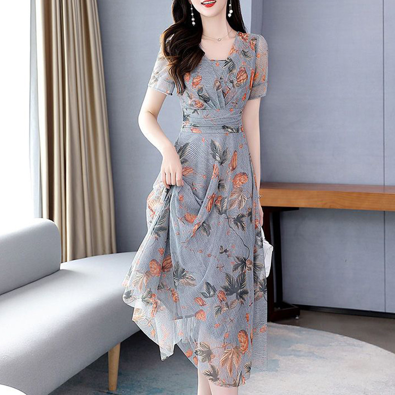 Naiste võrk lilleprinteriga kõrge vöökohaga haldjapeokleidid Suvemoodne V-kaelusega õhuke lühikeste varrukatega rannamidikleit Elegantne Vestidos