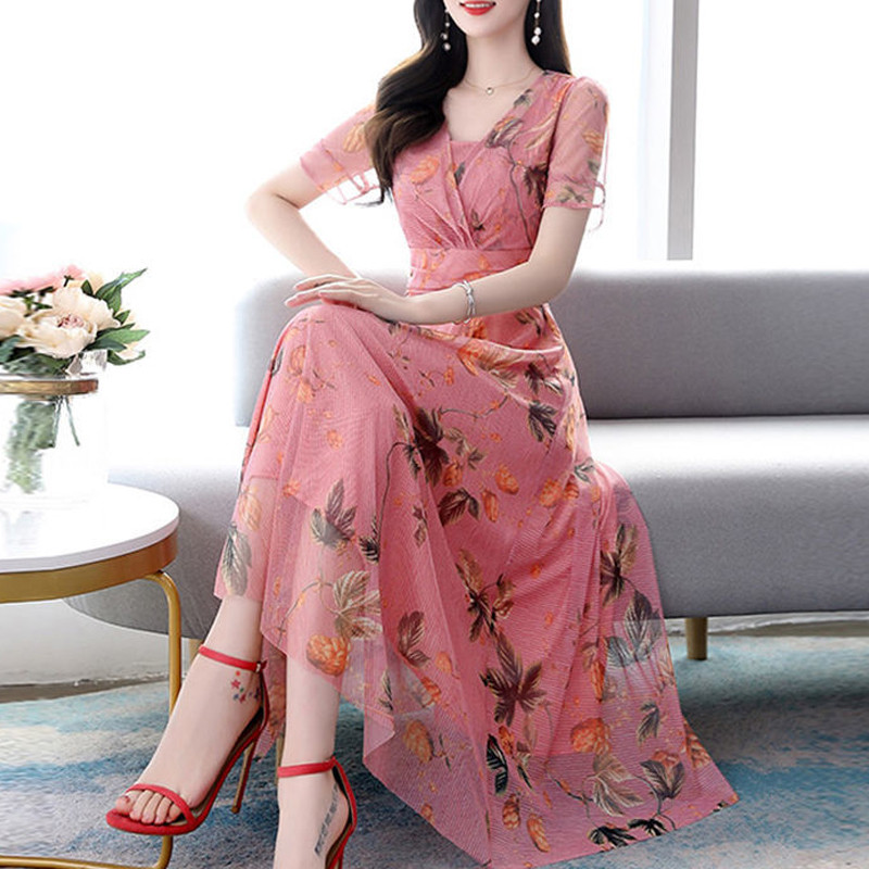 Naiste võrk lilleprinteriga kõrge vöökohaga haldjapeokleidid Suvemoodne V-kaelusega õhuke lühikeste varrukatega rannamidikleit Elegantne Vestidos