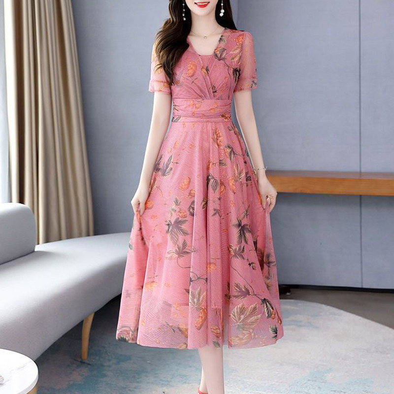 Naiste võrk lilleprinteriga kõrge vöökohaga haldjapeokleidid Suvemoodne V-kaelusega õhuke lühikeste varrukatega rannamidikleit Elegantne Vestidos