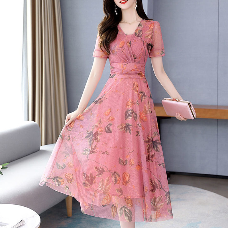 Naiste võrk lilleprinteriga kõrge vöökohaga haldjapeokleidid Suvemoodne V-kaelusega õhuke lühikeste varrukatega rannamidikleit Elegantne Vestidos