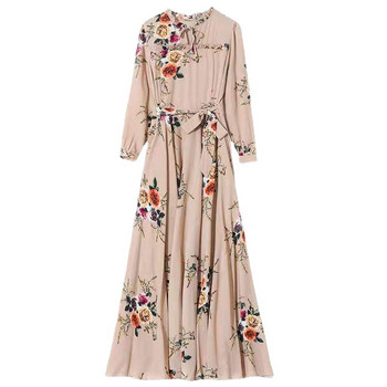 Пролетна и лятна дамска рокля с дълъг ръкав за 2024 г. Ретро рокля с щампи Елегантна рокля с лък Празнично парти Дълга люлееща се дамска рокля