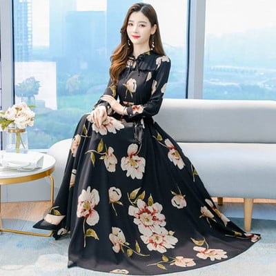 2024. aasta kevadsuvi naiste pikkade varrukatega kleit Retrotrükiga kleit Elegantne vibupeokleit, pidulik pidulik kleit, daam