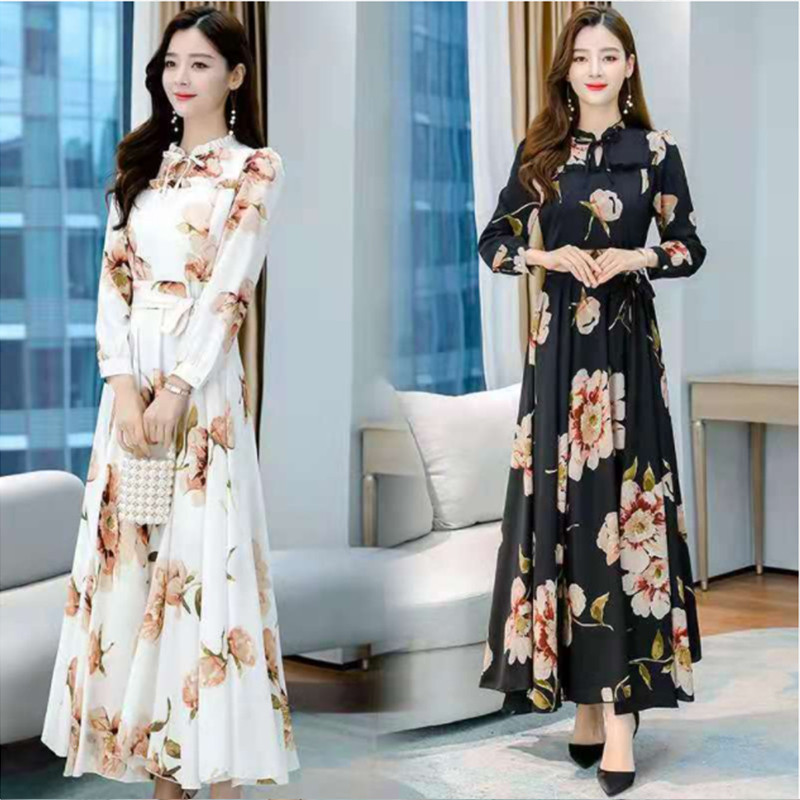 2024. aasta kevadsuvi naiste pikkade varrukatega kleit Retrotrükiga kleit Elegantne vibupeokleit, pidulik pidulik kleit, daam