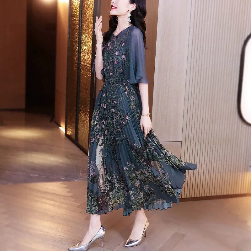 Rochie High End Stil Dama Pentru Femei 2024 Vara Noua Plisata Imprimata Eleganta Rochie din Sifon