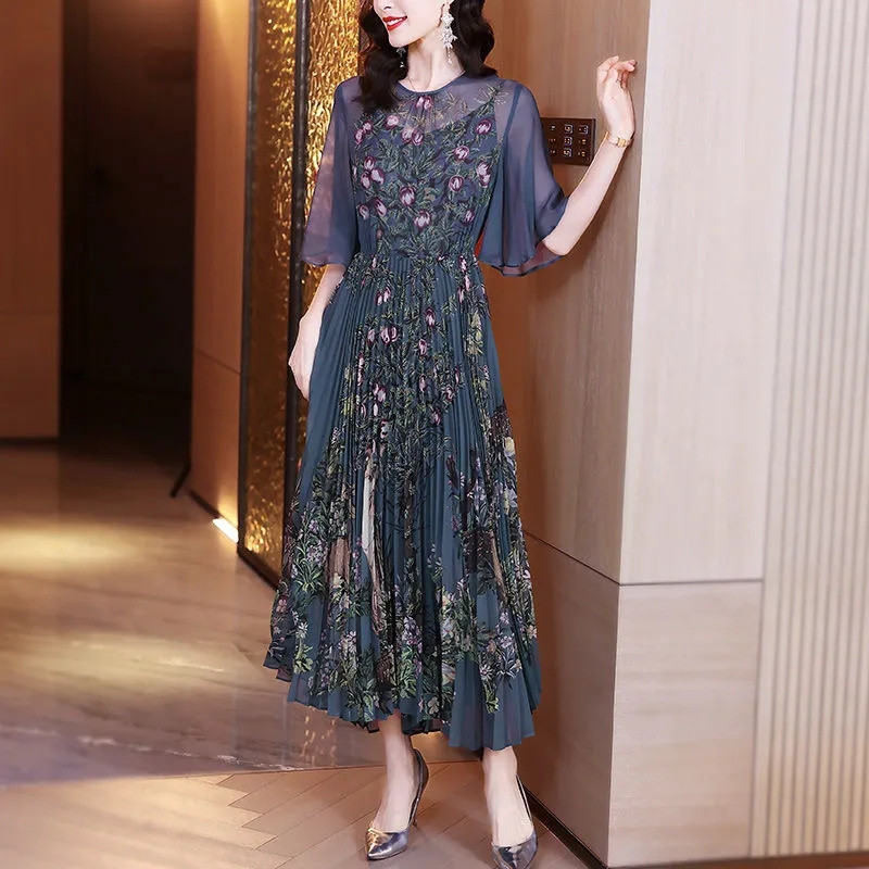 Rochie High End Stil Dama Pentru Femei 2024 Vara Noua Plisata Imprimata Eleganta Rochie din Sifon