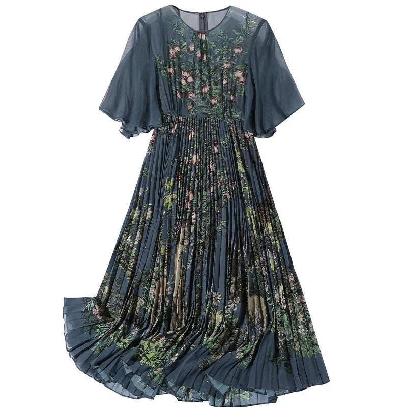 Rochie High End Stil Dama Pentru Femei 2024 Vara Noua Plisata Imprimata Eleganta Rochie din Sifon