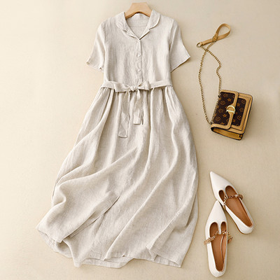 Puuvillane linane ühevärviline reväär lühikeste varrukatega kleit naiste suvine uus Korea versioon retro kirjanduslikust lipsust vabaajakleidid