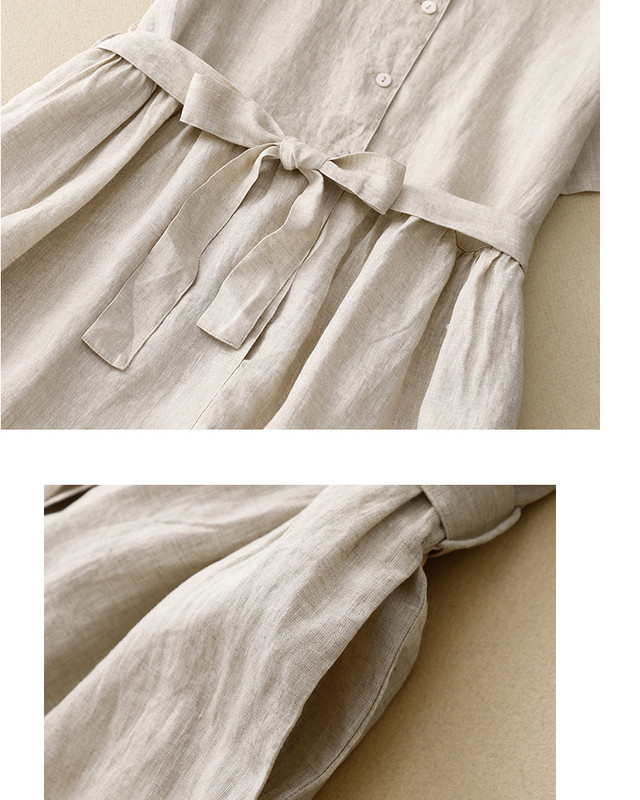 Puuvillane linane ühevärviline reväär lühikeste varrukatega kleit naiste suvine uus Korea versioon retro kirjanduslikust lipsust vabaajakleidid