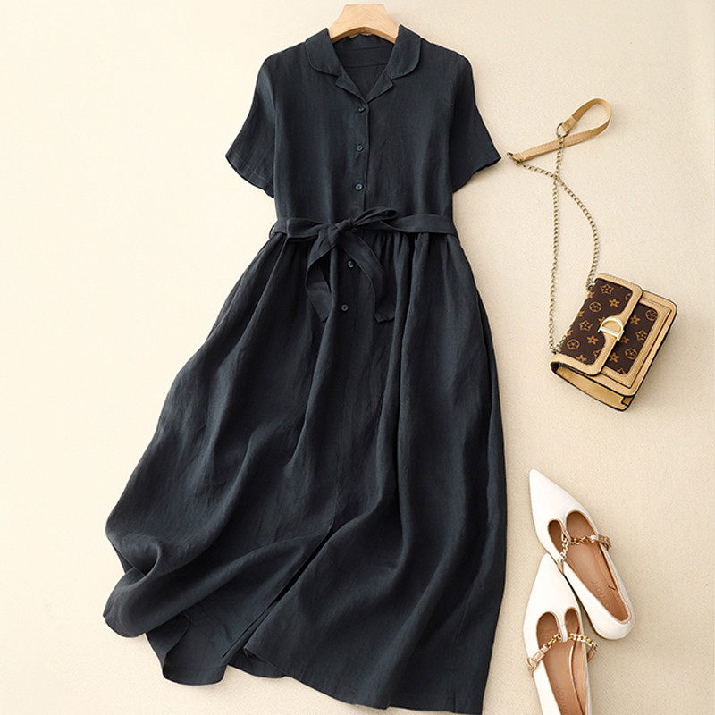 Puuvillane linane ühevärviline reväär lühikeste varrukatega kleit naiste suvine uus Korea versioon retro kirjanduslikust lipsust vabaajakleidid