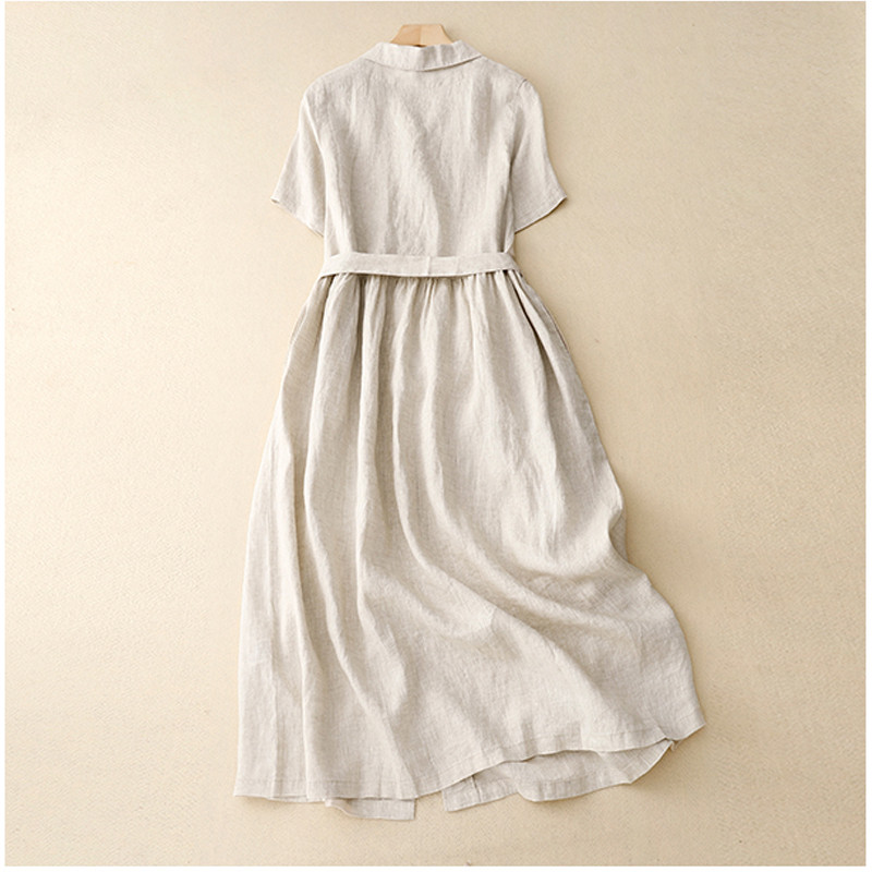 Puuvillane linane ühevärviline reväär lühikeste varrukatega kleit naiste suvine uus Korea versioon retro kirjanduslikust lipsust vabaajakleidid