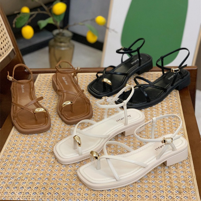 Sandale pentru femei 2023, la modă nouă, de vară, pantofi romani cu vârf pătrat, pantofi de femei cu curea de zână, pantofi casual plat, sandale de femeie