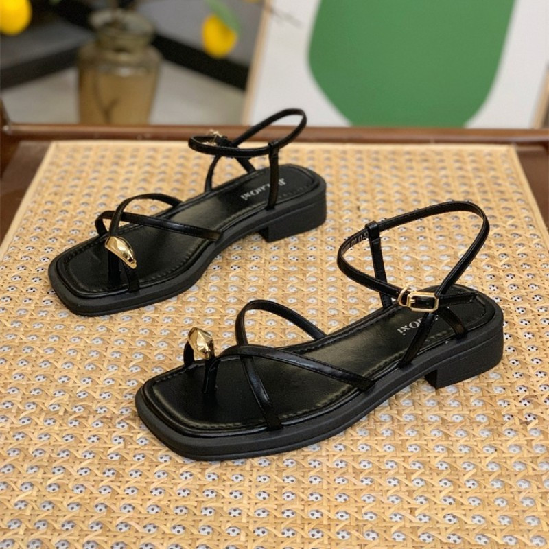 Sandale pentru femei 2023, la modă nouă, de vară, pantofi romani cu vârf pătrat, pantofi de femei cu curea de zână, pantofi casual plat, sandale de femeie