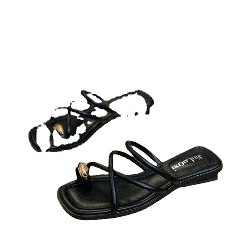 Sandale pentru femei 2023, la modă nouă, de vară, pantofi romani cu vârf pătrat, pantofi de femei cu curea de zână, pantofi casual plat, sandale de femeie