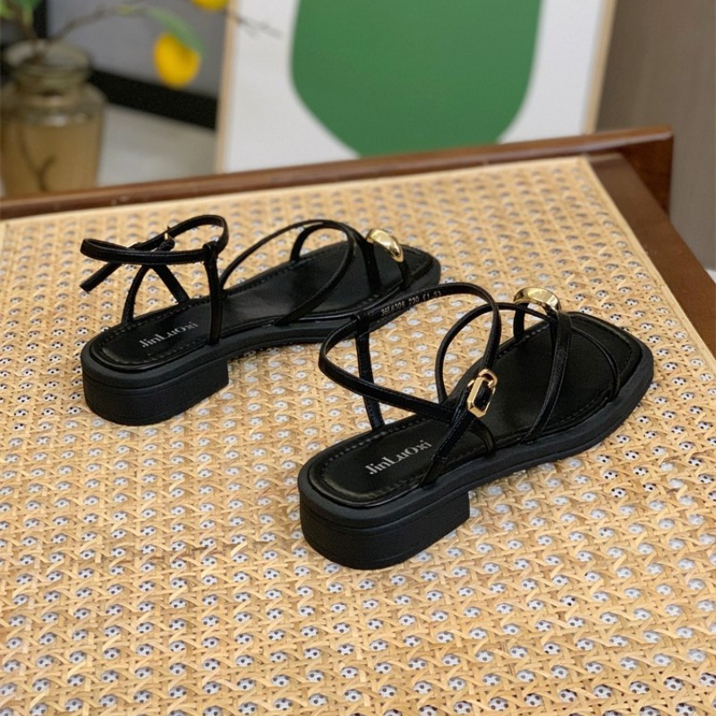 Sandale pentru femei 2023, la modă nouă, de vară, pantofi romani cu vârf pătrat, pantofi de femei cu curea de zână, pantofi casual plat, sandale de femeie