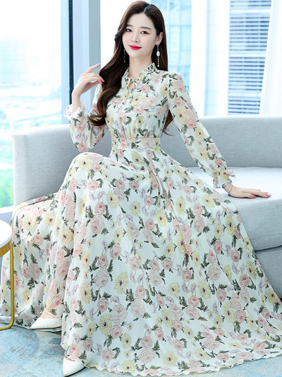 Pikkade varrukatega moodne lilleline õhtukleit vabaaja 2023. aasta kevade riided naistele Vintage elegantsed šifoonist tüllist pidulikud maksikleidid