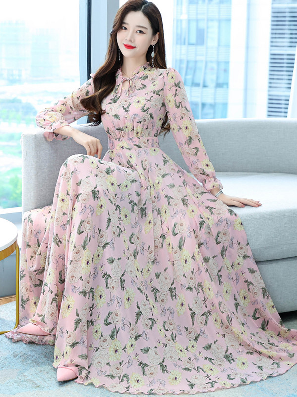 Pikkade varrukatega moodne lilleline õhtukleit vabaaja 2023. aasta kevade riided naistele Vintage elegantsed šifoonist tüllist pidulikud maksikleidid