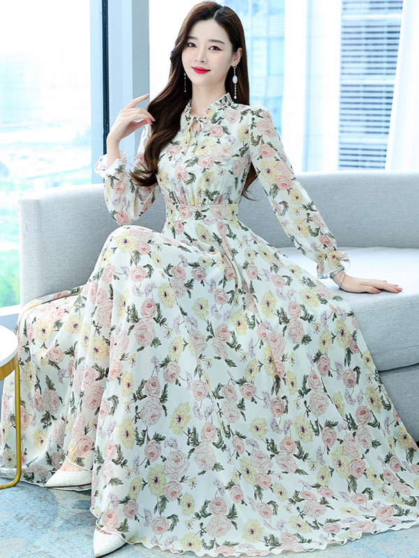 Pikkade varrukatega moodne lilleline õhtukleit vabaaja 2023. aasta kevade riided naistele Vintage elegantsed šifoonist tüllist pidulikud maksikleidid