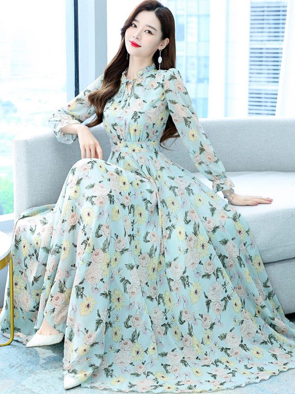 Pikkade varrukatega moodne lilleline õhtukleit vabaaja 2023. aasta kevade riided naistele Vintage elegantsed šifoonist tüllist pidulikud maksikleidid