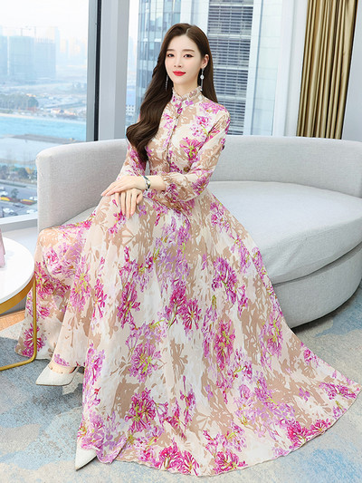 Festa Luxo Γυναικεία φλοράλ μακρυμάνικο πουκάμισο φόρεμα 2024 Γυναικεία μόδα σιφόν Καλοκαιρινά Κομψά μακριά Bodycon φορέματα χορού για