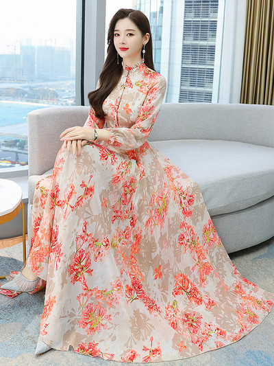 Festa Luxo Γυναικεία φλοράλ μακρυμάνικο πουκάμισο φόρεμα 2024 Γυναικεία μόδα σιφόν Καλοκαιρινά Κομψά μακριά Bodycon φορέματα χορού για