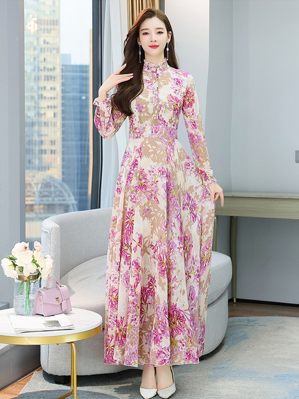 Festa Luxo Γυναικεία φλοράλ μακρυμάνικο πουκάμισο φόρεμα 2024 Γυναικεία μόδα σιφόν Καλοκαιρινά Κομψά μακριά Bodycon φορέματα χορού για