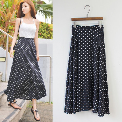 TingYiLi Polka Dot Print hosszú szoknya nőknek, magas derekú Boho sifon szoknya koreai A-vonalú maxi szoknya fekete