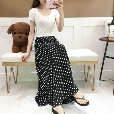 TingYiLi Polka Dot Print hosszú szoknya nőknek, magas derekú Boho sifon szoknya koreai A-vonalú maxi szoknya fekete