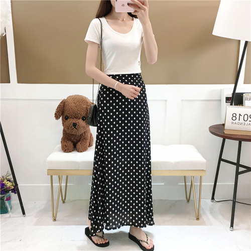TingYiLi Polka Dot Print hosszú szoknya nőknek, magas derekú Boho sifon szoknya koreai A-vonalú maxi szoknya fekete