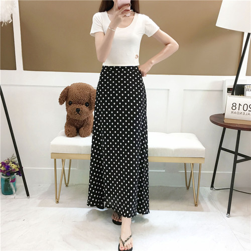 TingYiLi Polka Dot Print hosszú szoknya nőknek, magas derekú Boho sifon szoknya koreai A-vonalú maxi szoknya fekete