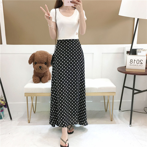 TingYiLi Polka Dot Print hosszú szoknya nőknek, magas derekú Boho sifon szoknya koreai A-vonalú maxi szoknya fekete