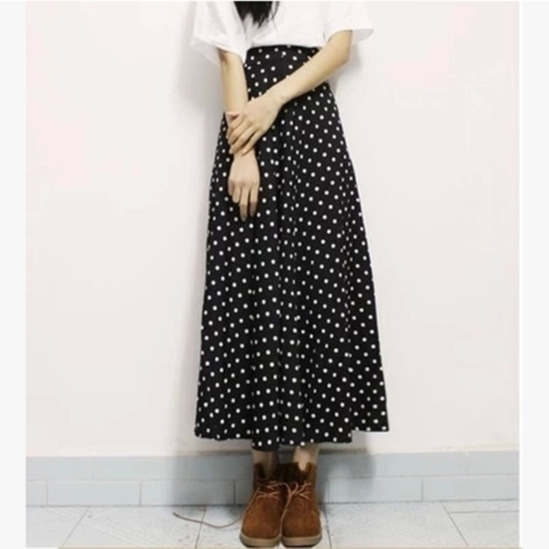 TingYiLi Polka Dot Print hosszú szoknya nőknek, magas derekú Boho sifon szoknya koreai A-vonalú maxi szoknya fekete