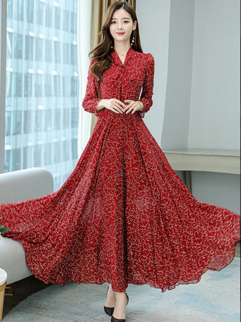 Шифонени рокли с дълъг ръкав за червени дамски дрехи 2023 Розово макси черно флорално ретро ежедневна елегантна рокля Пролетно модно парти