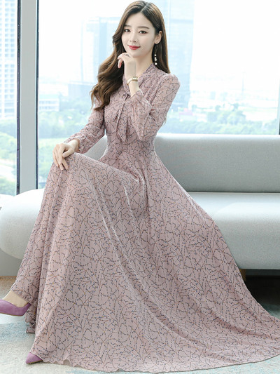 Šifoonist pikkade varrukatega kleidid punastele naisterõivastele 2023. aasta roosa Maxi must lilleline Vintage vabaaja elegantne kleit kevadine moepidu