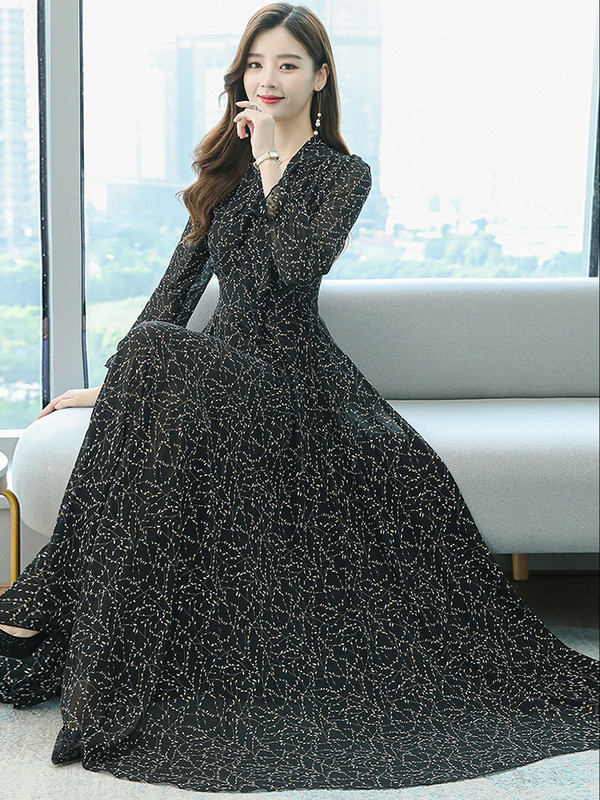 Šifoonist pikkade varrukatega kleidid punastele naisterõivastele 2023. aasta roosa Maxi must lilleline Vintage vabaaja elegantne kleit kevadine moepidu