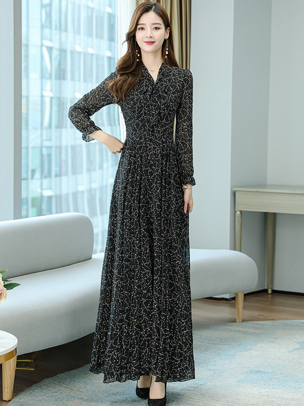 Šifoonist pikkade varrukatega kleidid punastele naisterõivastele 2023. aasta roosa Maxi must lilleline Vintage vabaaja elegantne kleit kevadine moepidu