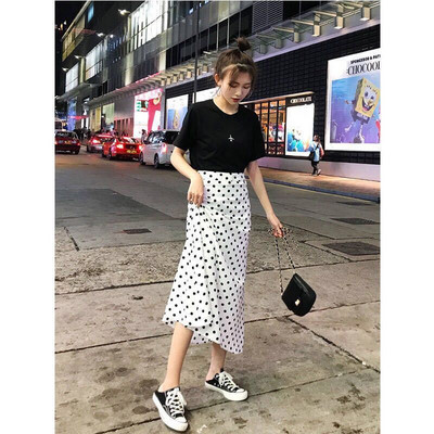 Női nyári nagy méretű S-3xl szoknya koreai vintage pöttyös vékony, magas derekú vonalas midi szoknya női fekete fehér piros utcai viselet