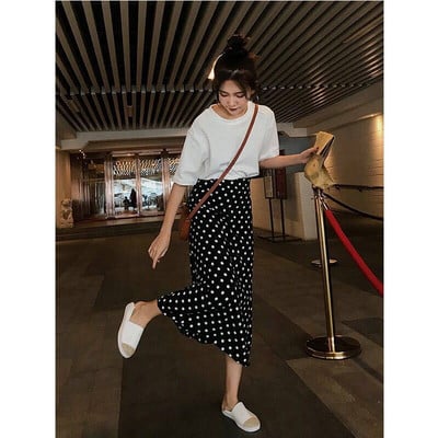 Női nyári nagy méretű S-3xl szoknya koreai vintage pöttyös vékony, magas derekú vonalas midi szoknya női fekete fehér piros utcai viselet