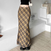 Estetske retro karirane mrežaste dugačke suknje Y2K Vintage 90-ih niskog struka Dvoslojna ravna midi suknja Korejska modna odjeća