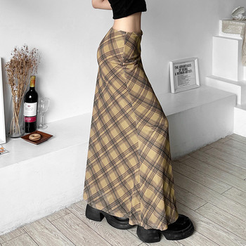 Естетика Ретро карирани мрежести дълги поли Y2K Vintage 90-те години с ниска талия Двуслойна права миди пола Корейски модни дрехи