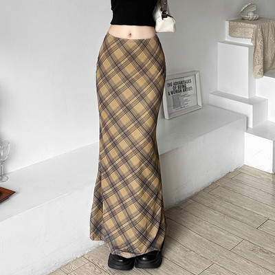 Estetske retro karirane mrežaste dugačke suknje Y2K Vintage 90-ih niskog struka Dvoslojna ravna midi suknja Korejska modna odjeća