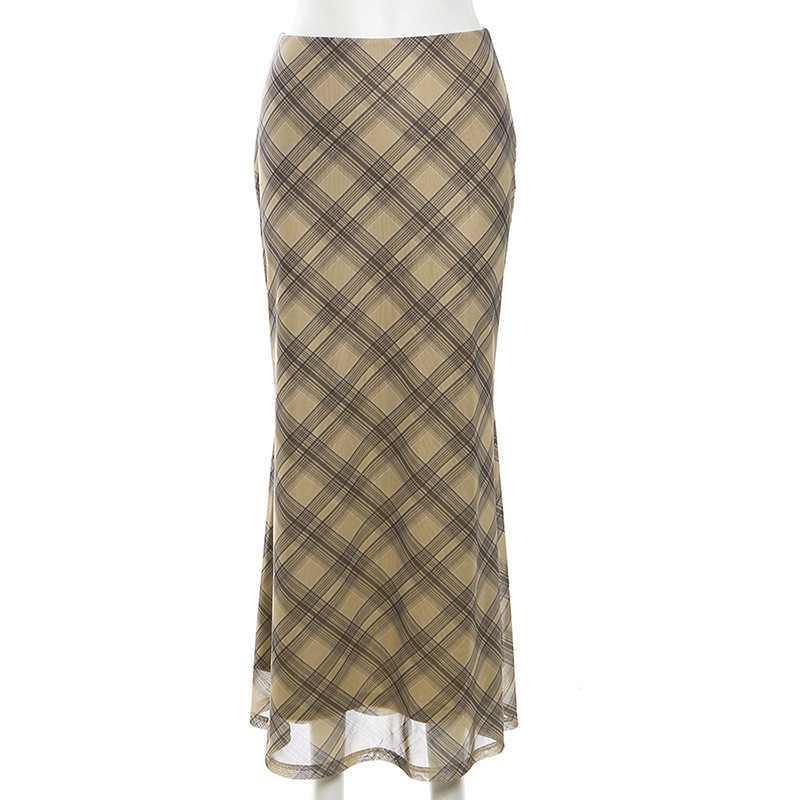 Estetske retro karirane mrežaste dugačke suknje Y2K Vintage 90-ih niskog struka Dvoslojna ravna midi suknja Korejska modna odjeća