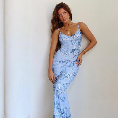 Αμάνικο τύπωμα Ζαρτιέρες γυναικείο φόρεμα Fashion Vneck λεπτή μακριά φούστα 2023 καλοκαιρινή μόδα γυναικεία ρόμπα beach party club JY23159SK