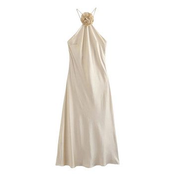 TRAF Flower Halter Dress Женска сатенена дълга рокля с отворени рамене Дамски секси вечерни рокли без гръб Летни парти рокли за жени