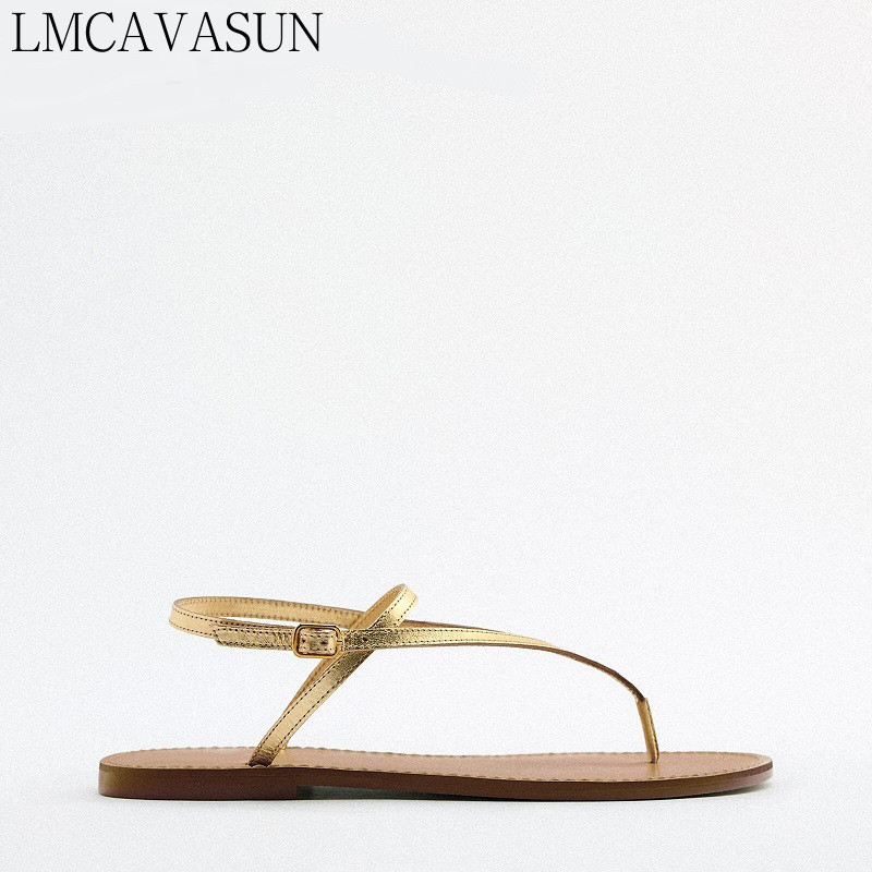 LMCAVASUN Lapos Cipők Női Szandálok 2023 Nyári Strandcipők Fém Luxus Designer Cipők Női Clip-On Roman szandál Női Cipők