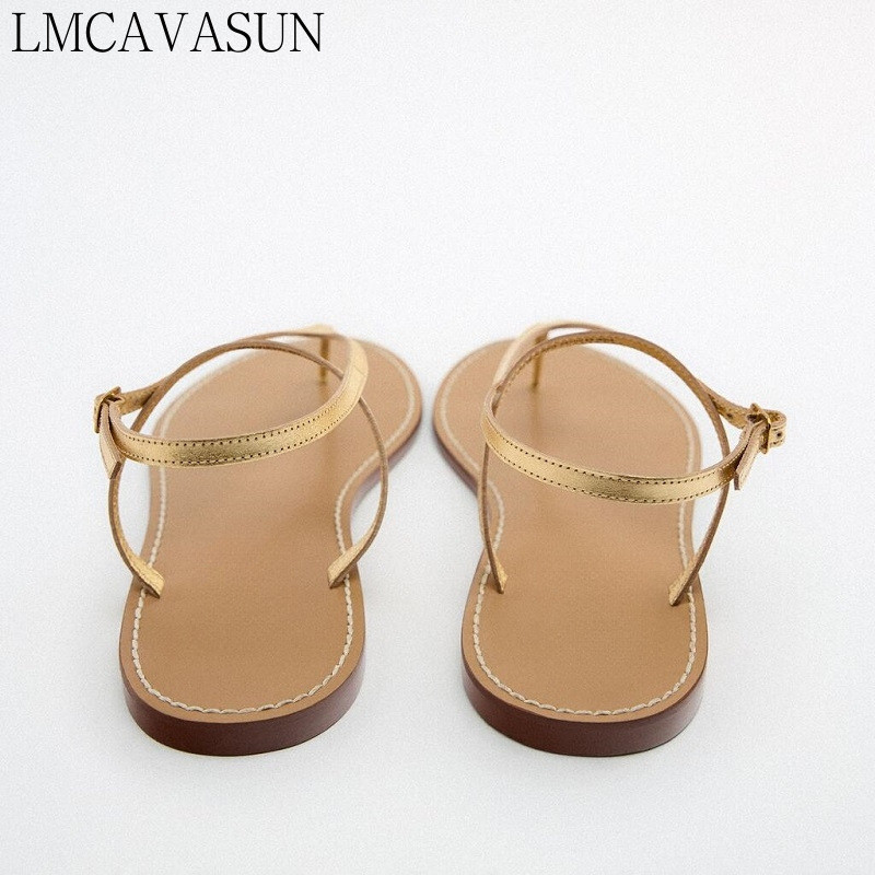 LMCAVASUN Lapos Cipők Női Szandálok 2023 Nyári Strandcipők Fém Luxus Designer Cipők Női Clip-On Roman szandál Női Cipők