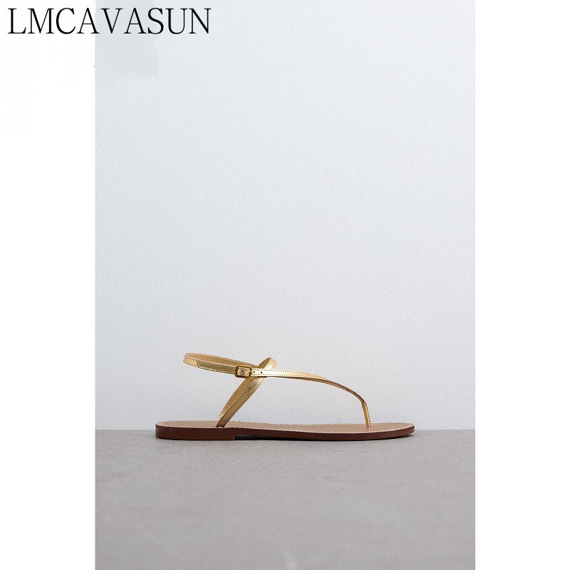 LMCAVASUN Lapos Cipők Női Szandálok 2023 Nyári Strandcipők Fém Luxus Designer Cipők Női Clip-On Roman szandál Női Cipők