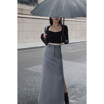 MEXZT Елегантни миди поли с цепки Дамски улични костюми с висока талия Пола за офис дами Корейска мода Сиви черни тънки поли тип молив