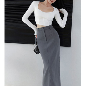 MEXZT Елегантни миди поли с цепки Дамски улични костюми с висока талия Пола за офис дами Корейска мода Сиви черни тънки поли тип молив