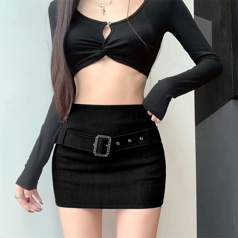 Geantă sexy fustă șold talie înaltă curea cataramă vară nouă fustă joker strânsă fustă fată fierbinte. rochie plisată